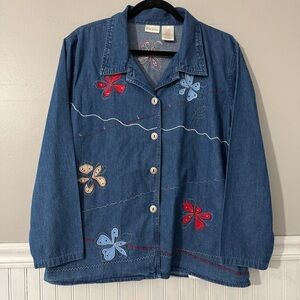 Bobbie Brooks Vintage Denim Top Size L Floral Embroidered Cotton Shirt